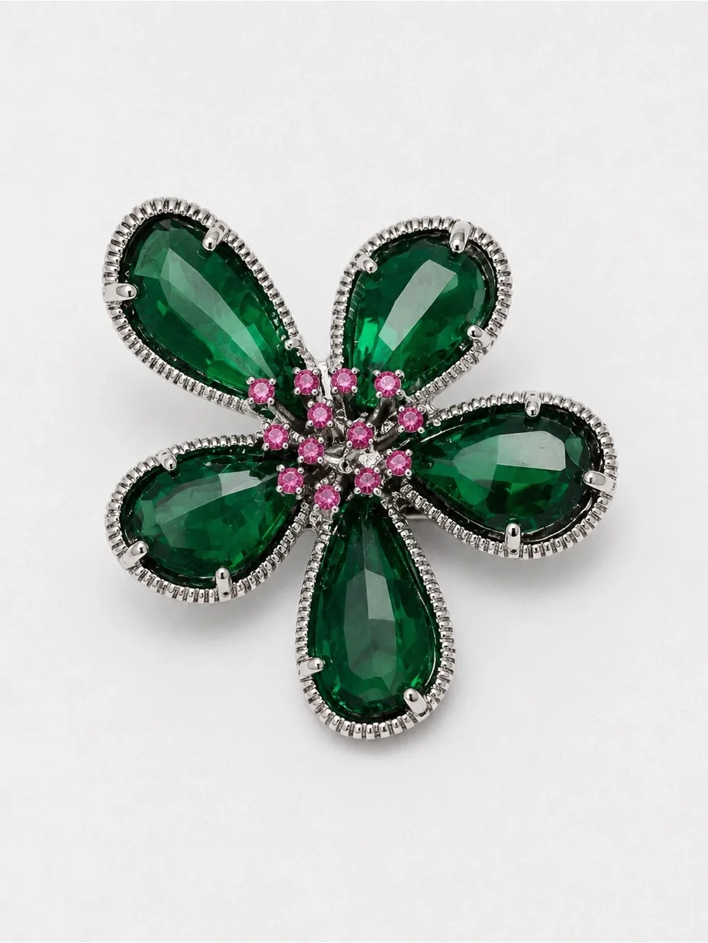Emerald Green Glass Flower Brooch Pin Pink Crystal Center Silver Tone